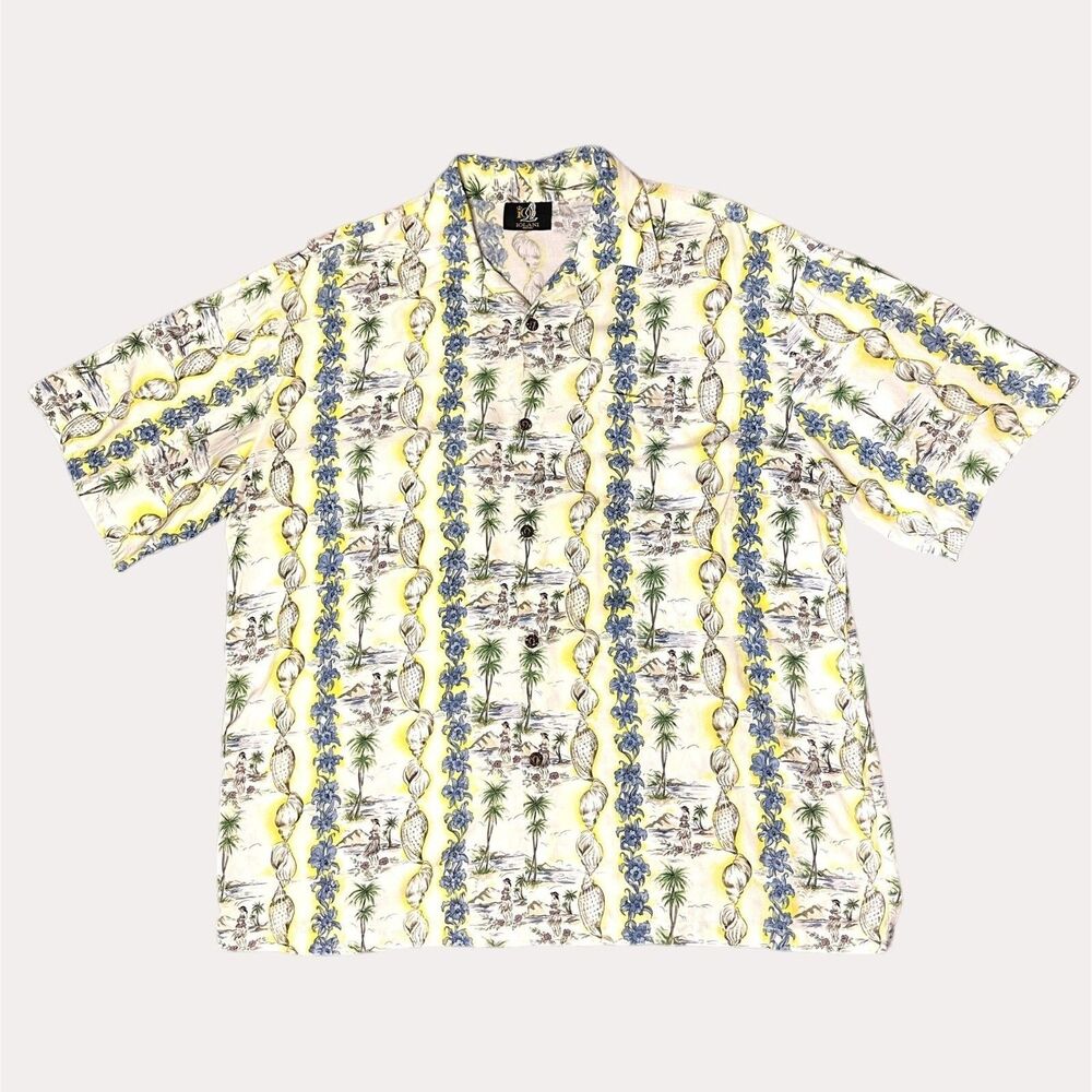 Iolani Vintage Mens Hawaiian Button Down Shirt Hula Seashell L